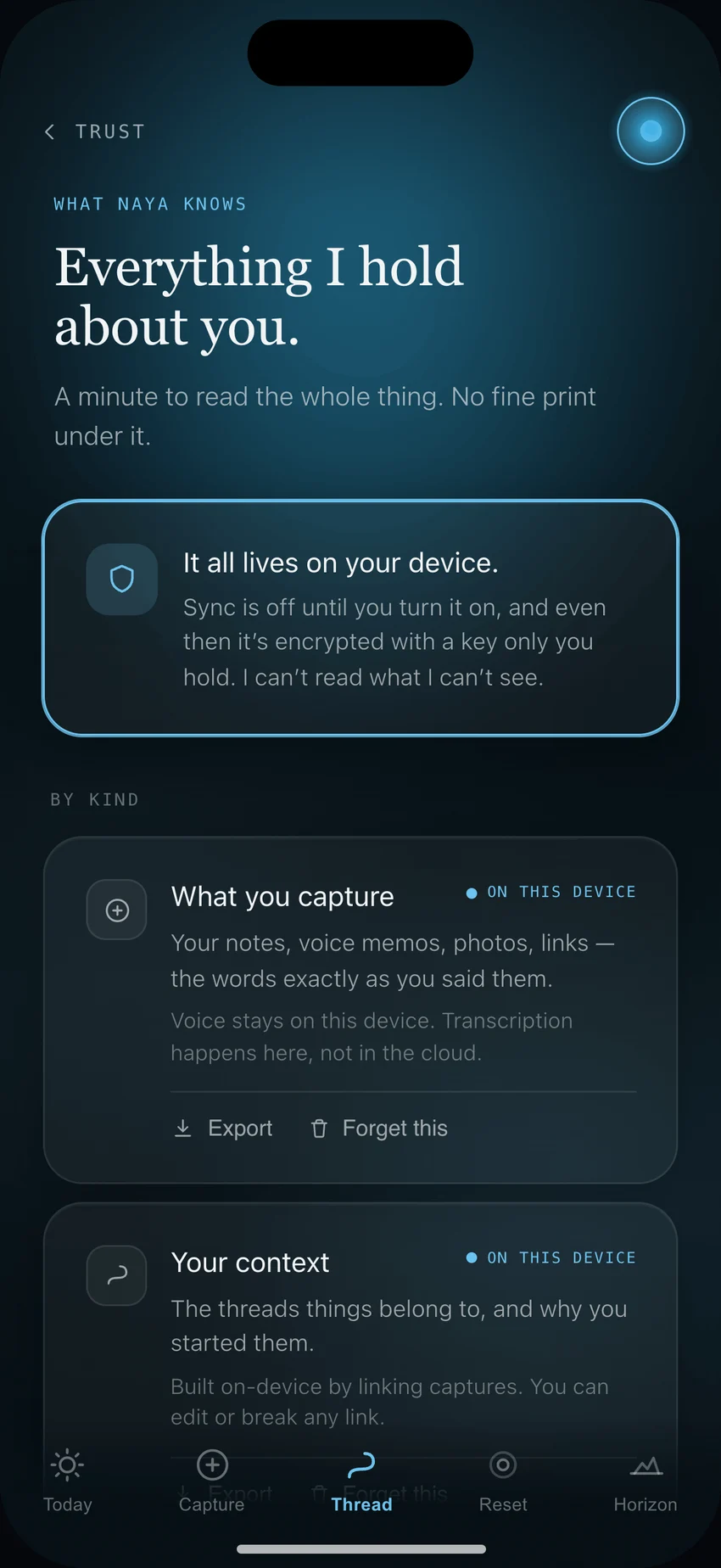 Naya's Trust screen, headed What Naya knows: everything Naya holds lives on your device, sync is off until you turn it on, and even then it's encrypted with a key only you hold. Cards for what you capture and your context are tagged On this device, with Export and Forget controls.