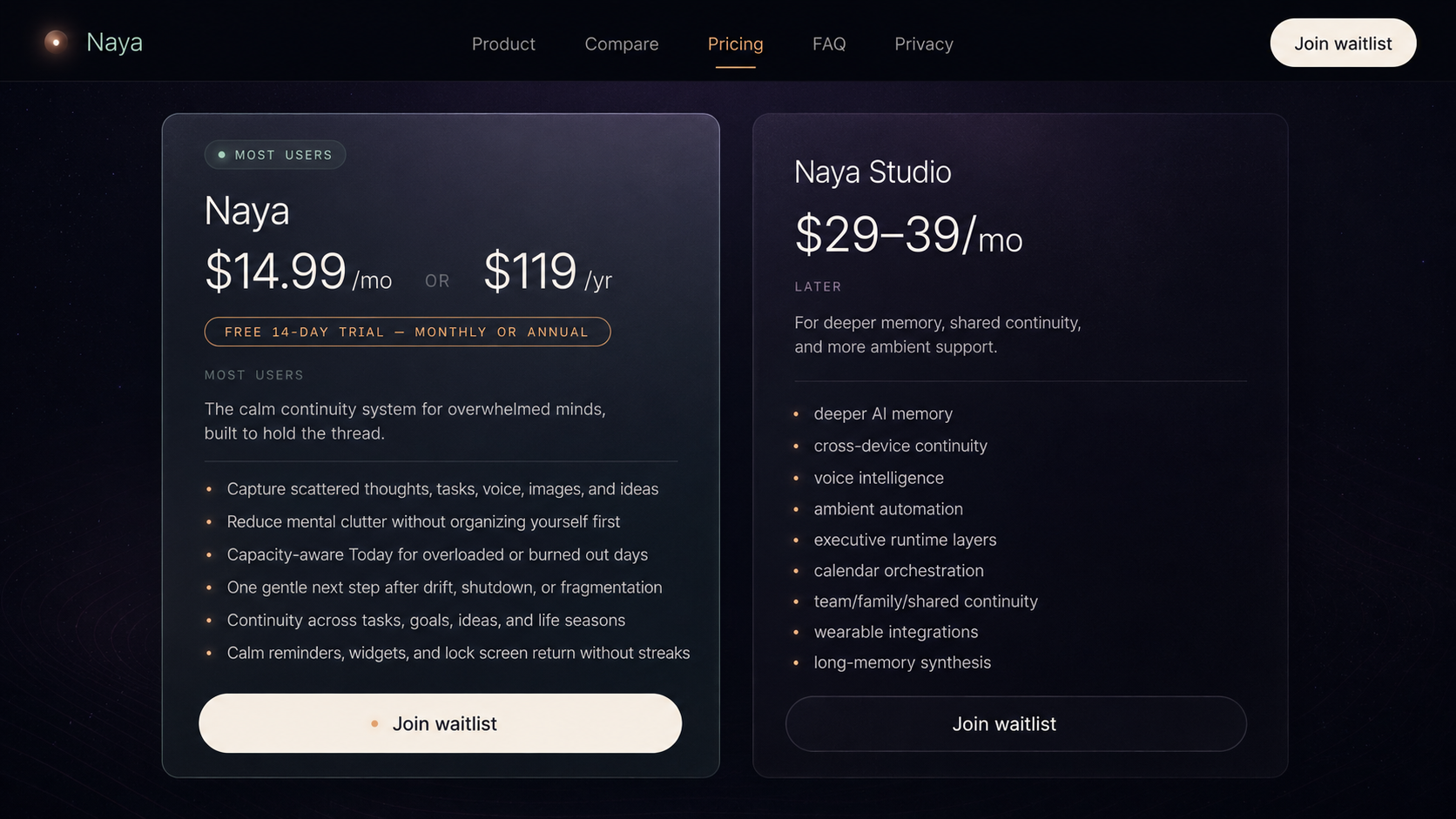 Naya pricing tiers showing Naya and Naya Studio.